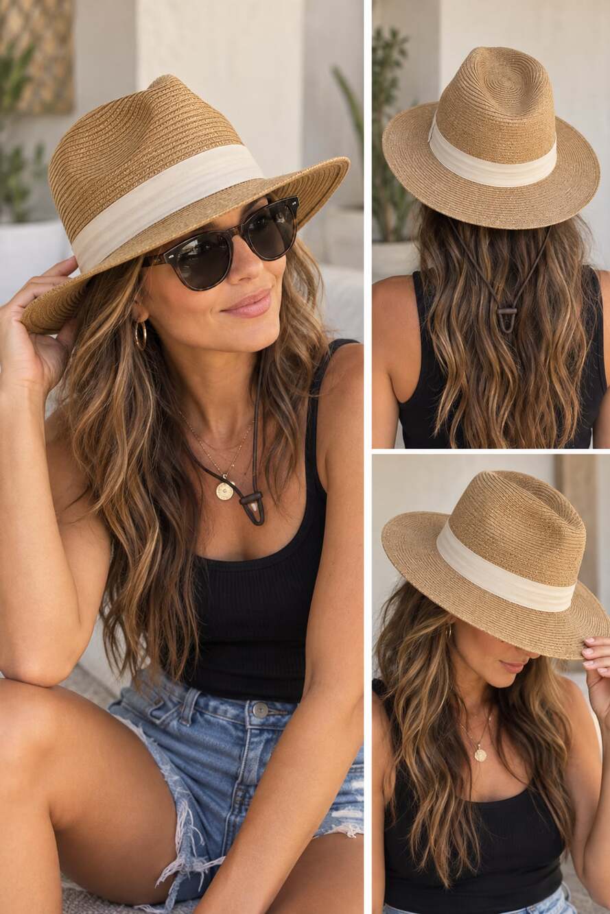 Furtalk Straw Sun Hat Size M/L Khaki Panama Fedora UPF 50+